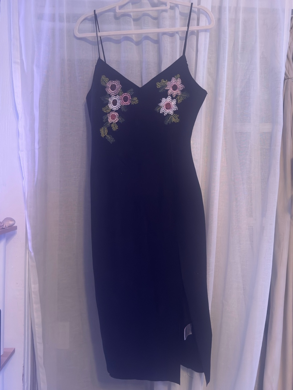 The Vintage Shop Black Spaghetti-Strap Dress with Pink Floral Embroidery Small